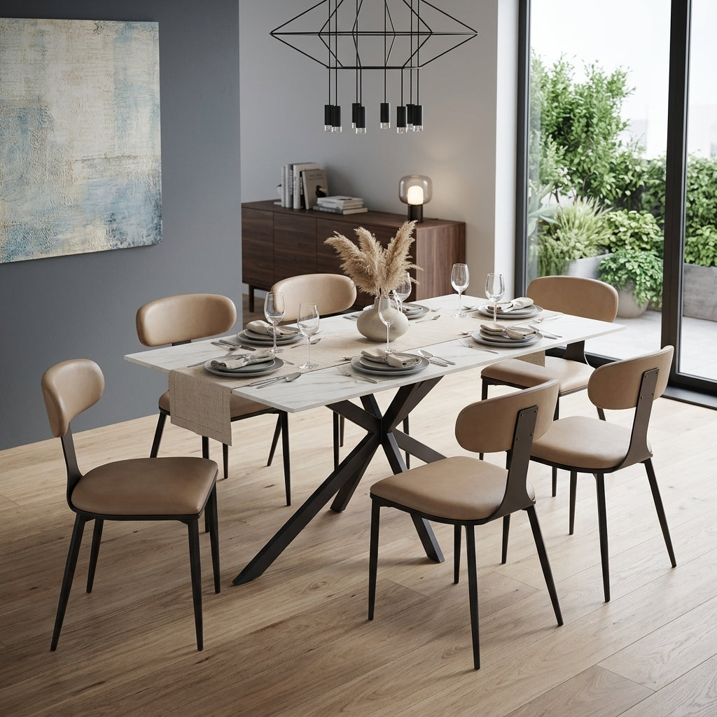 Apex Rectangular Dining Table with Sintered Stone Tabletop in Black Steel Base