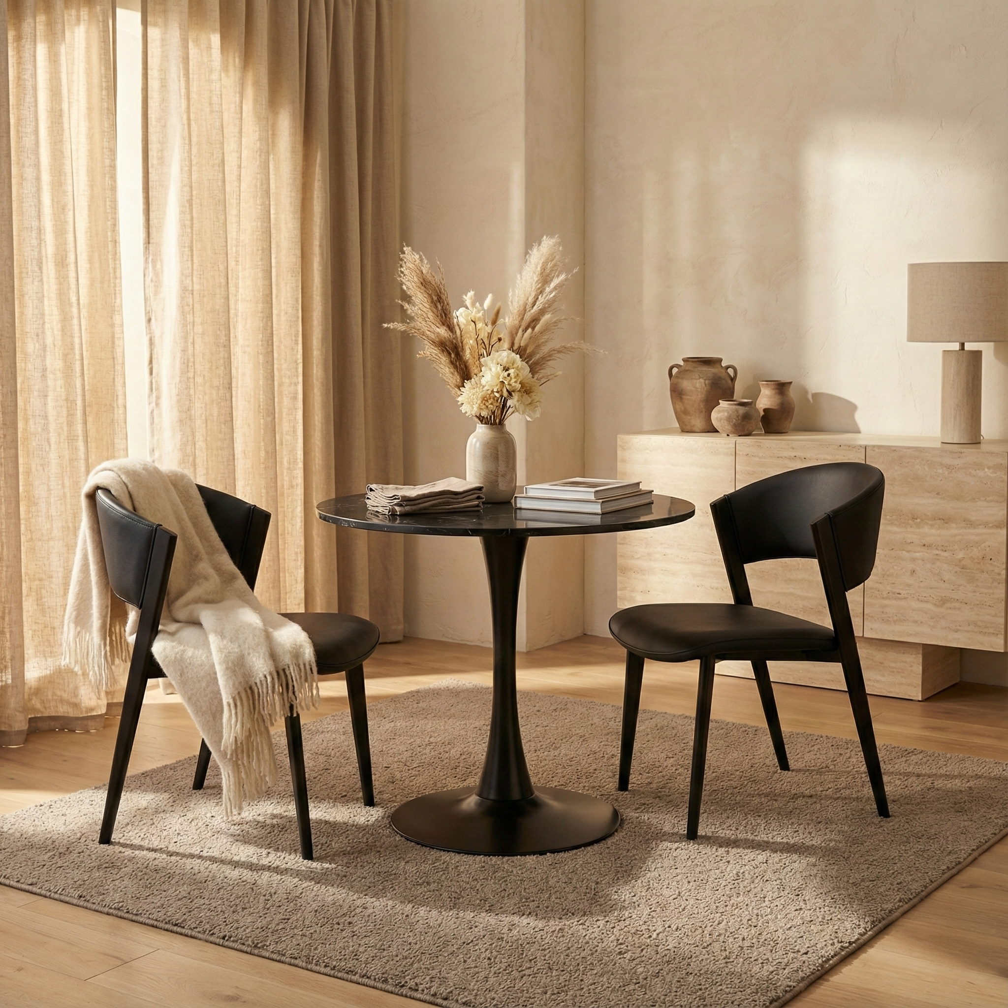Bristol Round Dining Table with MDF/Sintered Stone/Glass and Bevel Design Tabletop in Black Steel Base