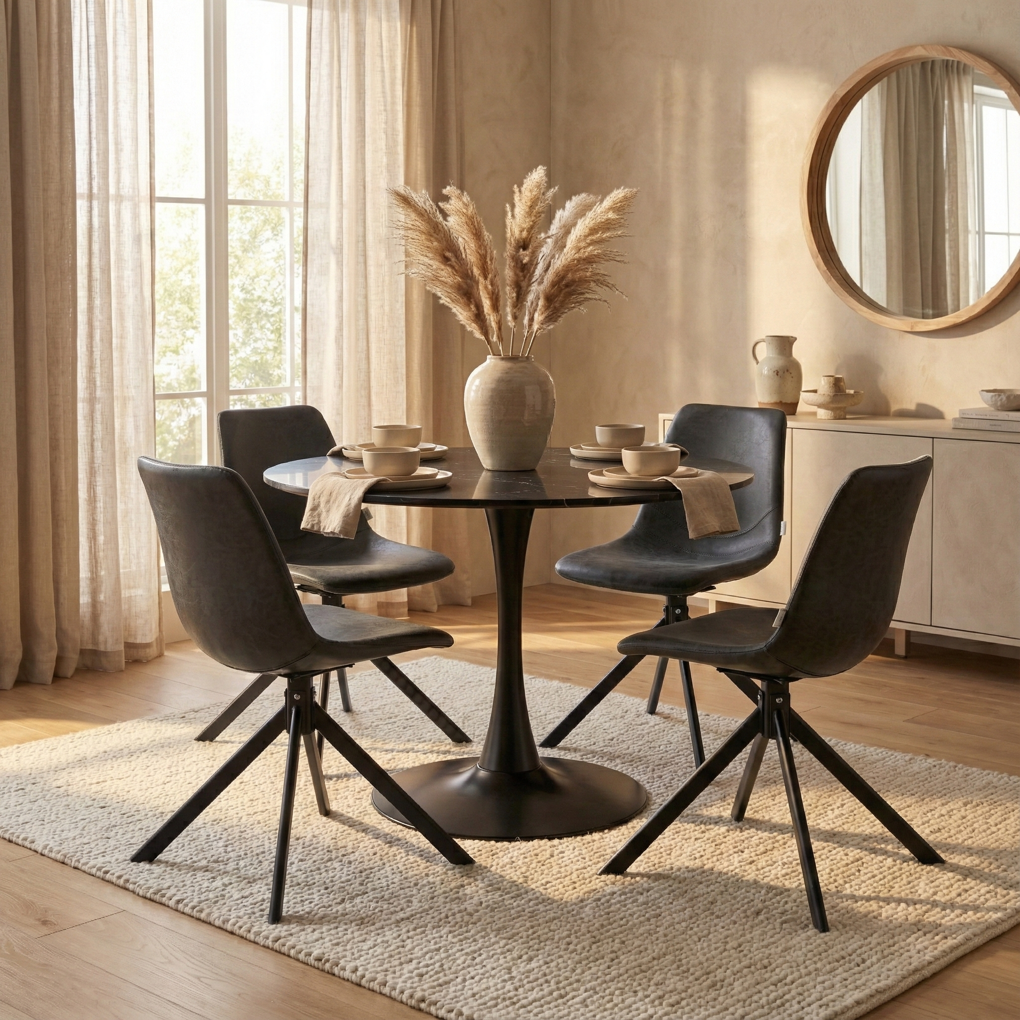Bristol Round Dining Table with MDF/Sintered Stone/Glass and Bevel Design Tabletop in Black Steel Base