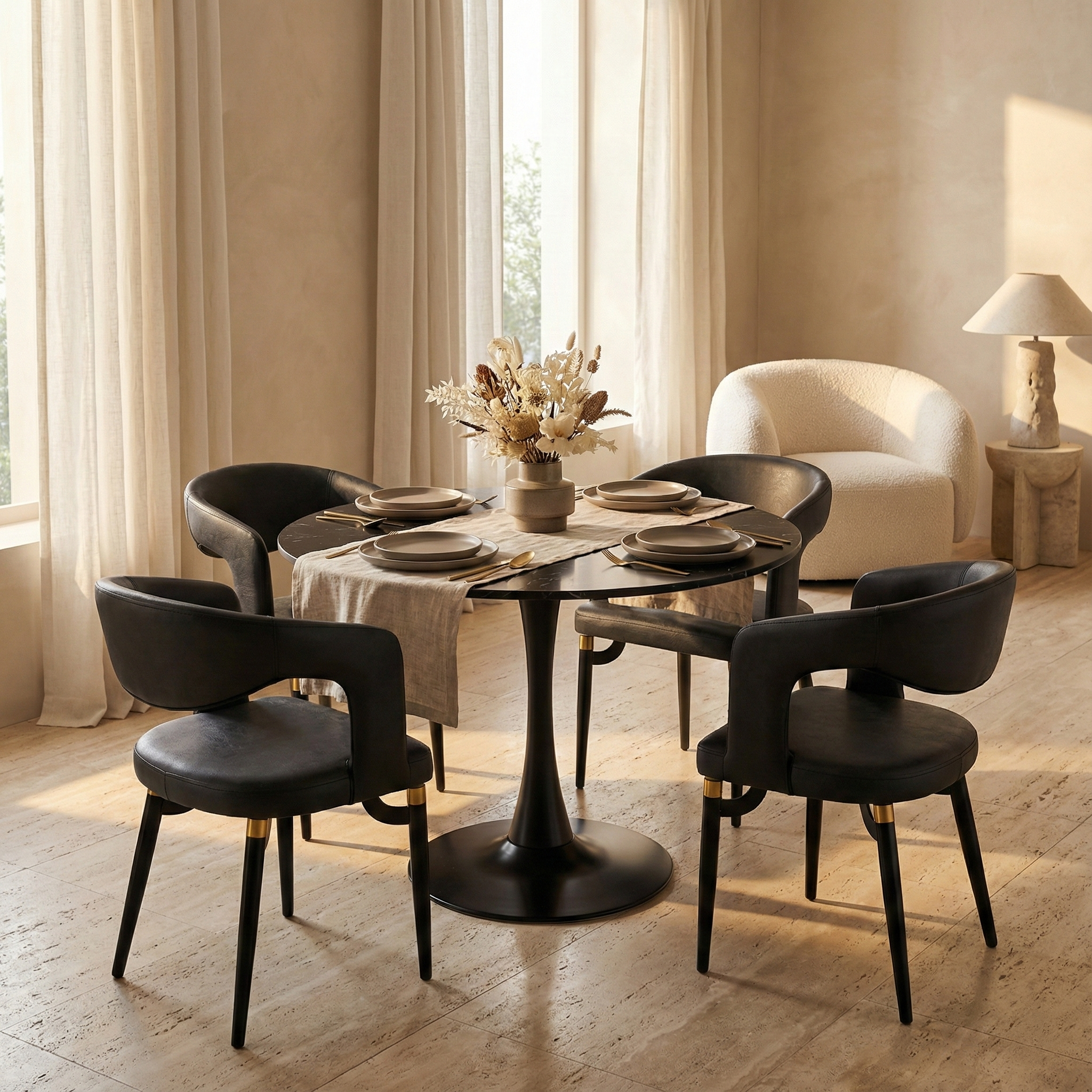 Bristol Round Dining Table with MDF/Sintered Stone/Glass and Bevel Design Tabletop in Black Steel Base