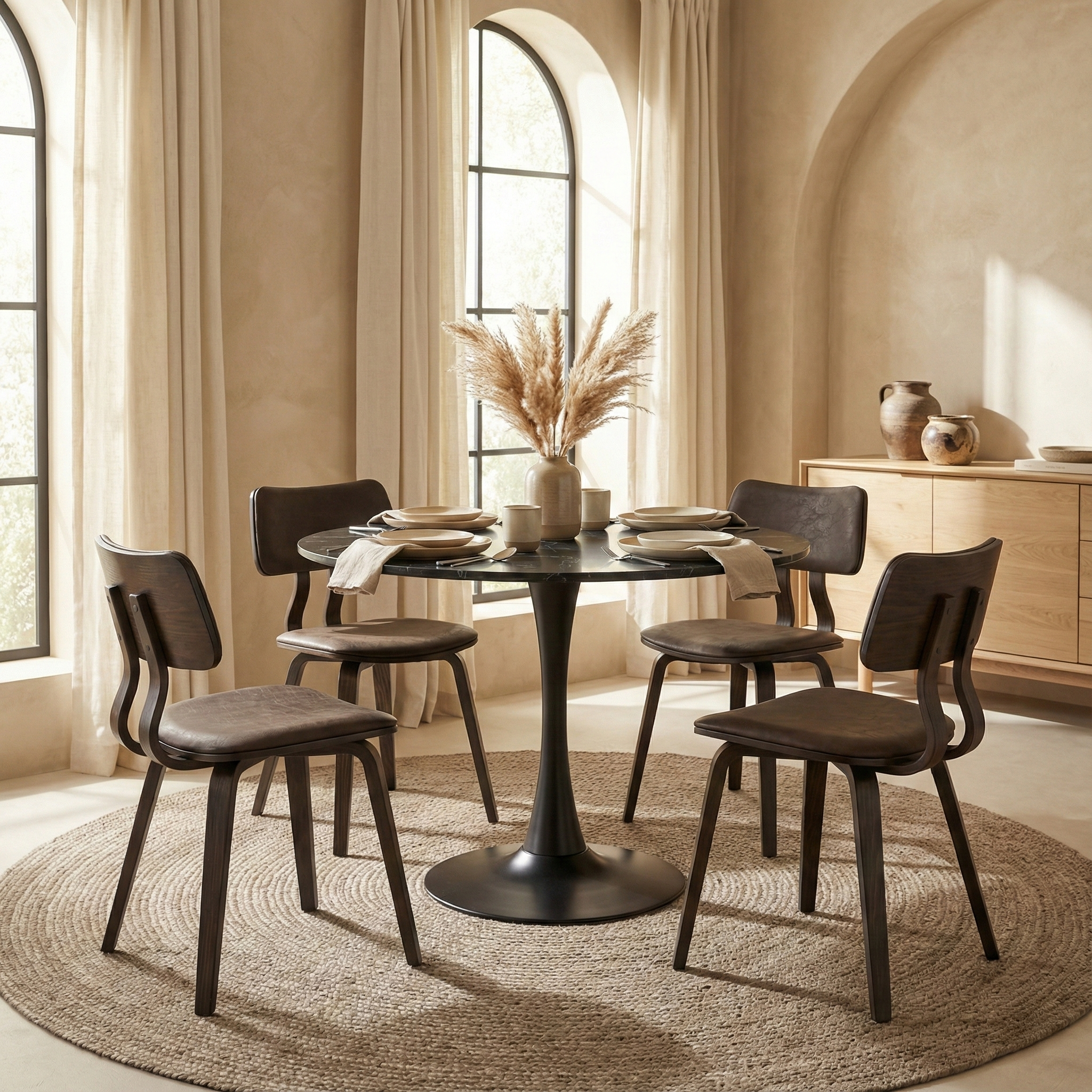 Bristol Round Dining Table with MDF/Sintered Stone/Glass and Bevel Design Tabletop in Black Steel Base