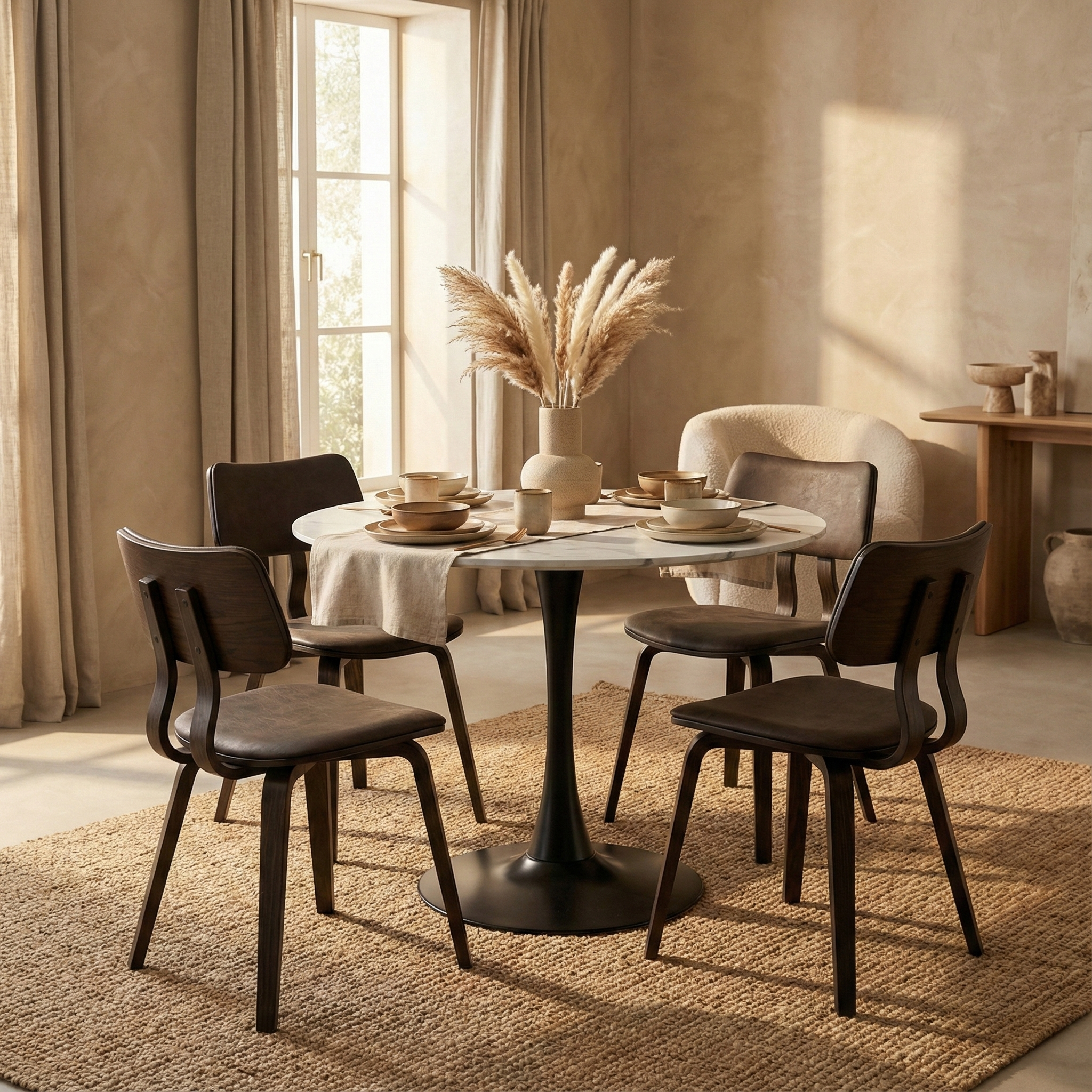 Bristol Round Dining Table with MDF/Sintered Stone/Glass and Bevel Design Tabletop in Black Steel Base