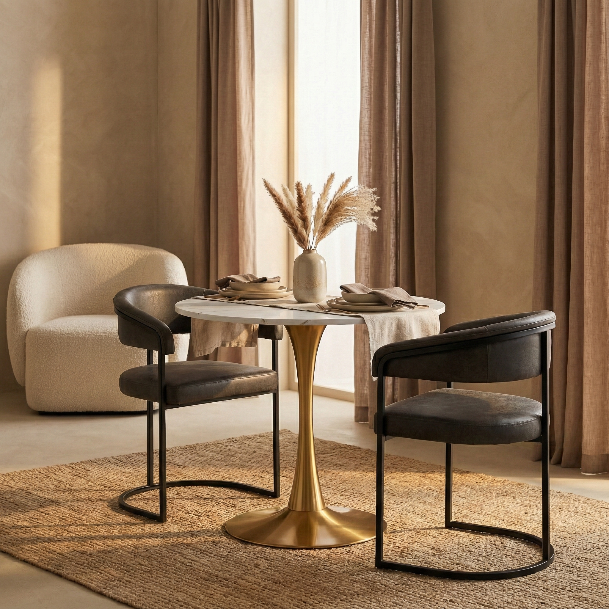 Bristol Round Dining Table with MDF/Sintered Stone/Glass Tabletop in Gold Steel
