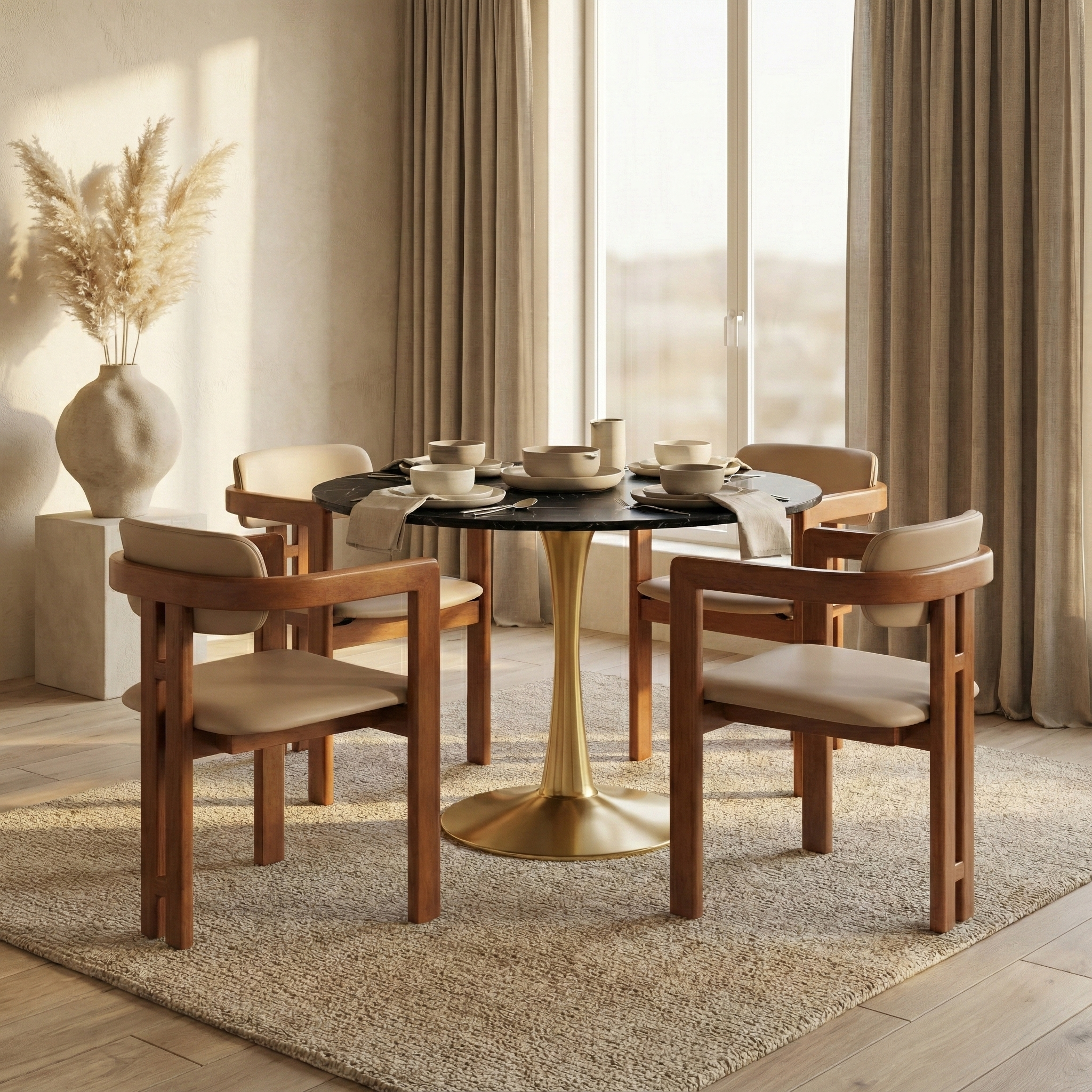 Bristol Round Dining Table with MDF/Sintered Stone/Glass Tabletop in Gold Steel