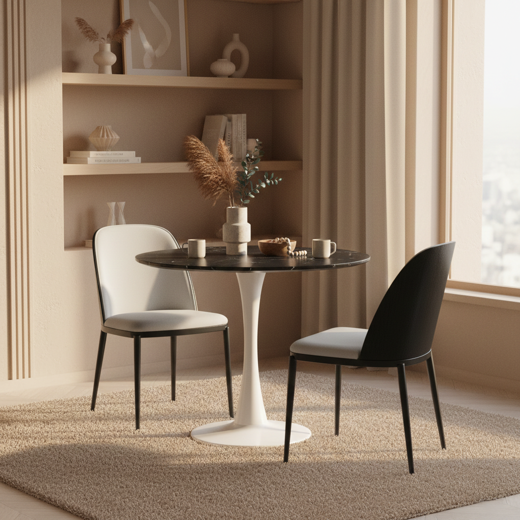 Bristol Round Dining Table with MDF/Sintered Stone/Glass Wood Tabletop in White Steel