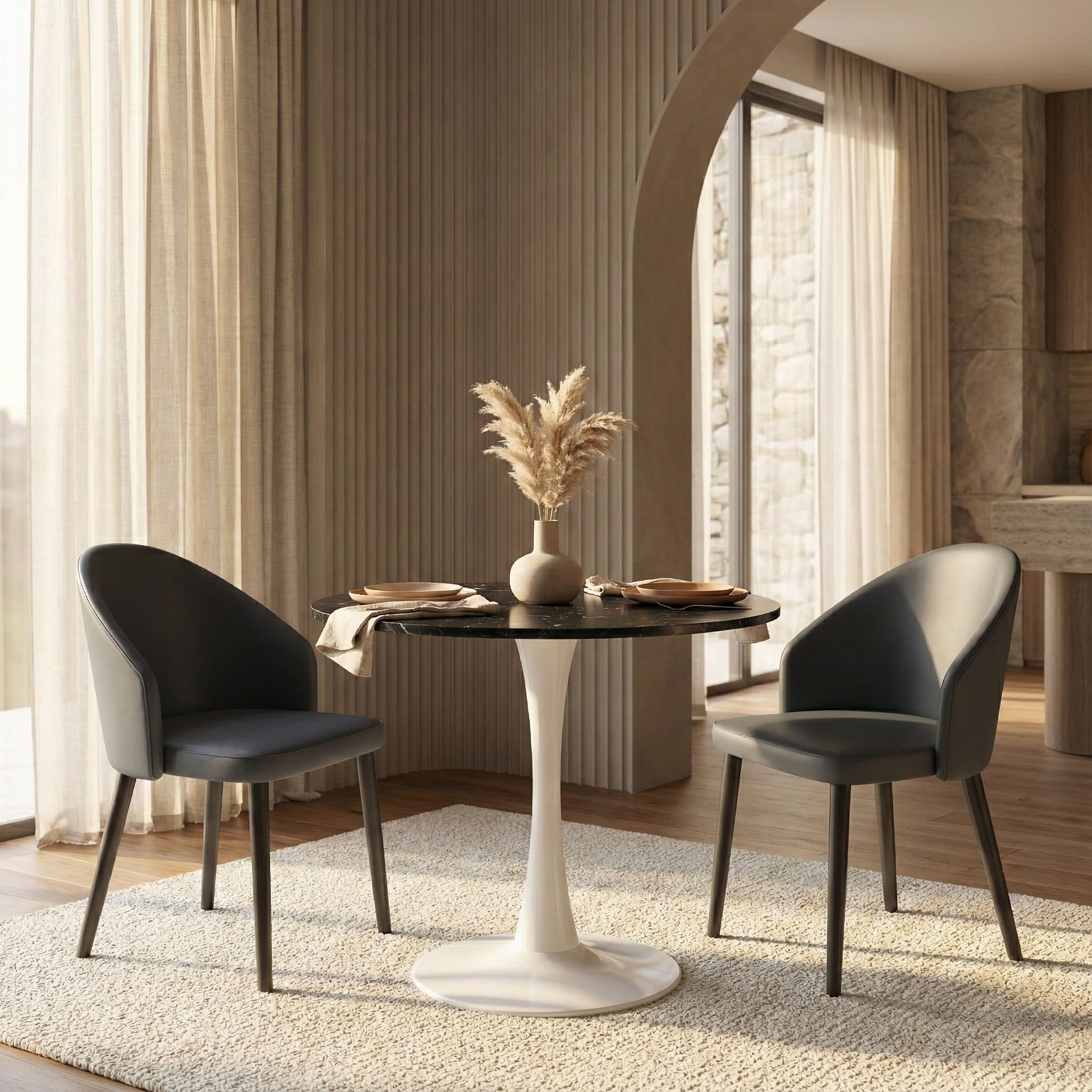 Bristol Round Dining Table with MDF/Sintered Stone/Glass Wood Tabletop in White Steel