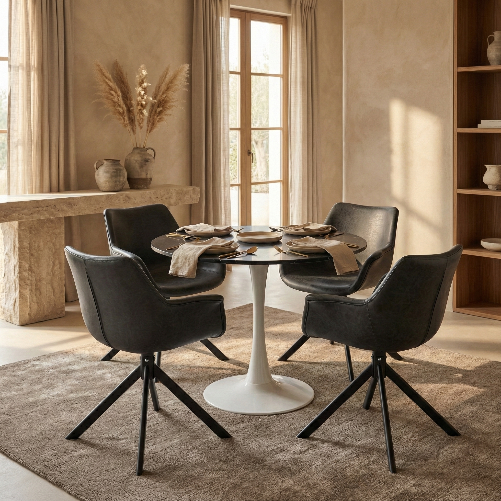 Bristol Round Dining Table with MDF/Sintered Stone/Glass Wood Tabletop in White Steel