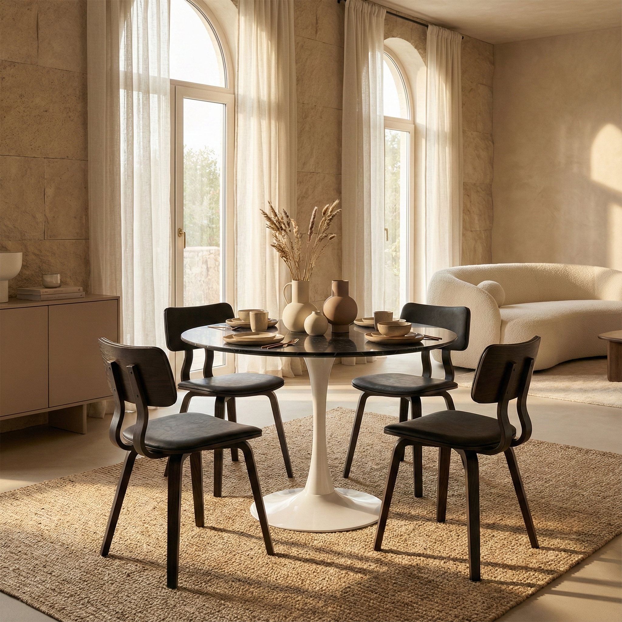 Bristol Round Dining Table with MDF/Sintered Stone/Glass Wood Tabletop in White Steel