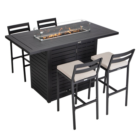 Chelsea 5-Piece Patio Bar Set: Aluminum Fire Pit Table with Tank Holder & 4 Barstools with Cushions