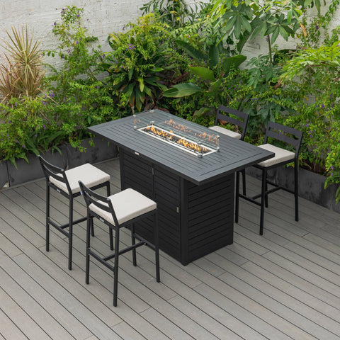 Chelsea 5-Piece Patio Bar Set: Aluminum Fire Pit Table with Tank Holder & 4 Barstools with Cushions