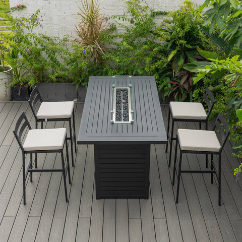 Chelsea 5-Piece Patio Bar Set: Aluminum Fire Pit Table with Tank Holder & 4 Barstools with Cushions