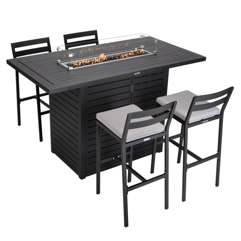 Chelsea 5-Piece Patio Bar Set: Aluminum Fire Pit Table with Tank Holder & 4 Barstools with Cushions