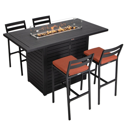 Chelsea 5-Piece Patio Bar Set: Aluminum Fire Pit Table with Tank Holder & 4 Barstools with Cushions
