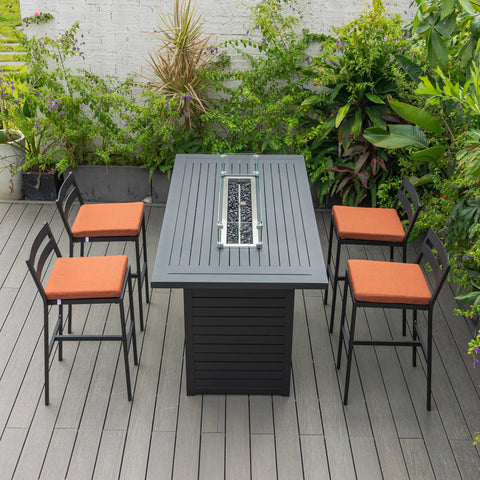 Chelsea 5-Piece Patio Bar Set: Aluminum Fire Pit Table with Tank Holder & 4 Barstools with Cushions
