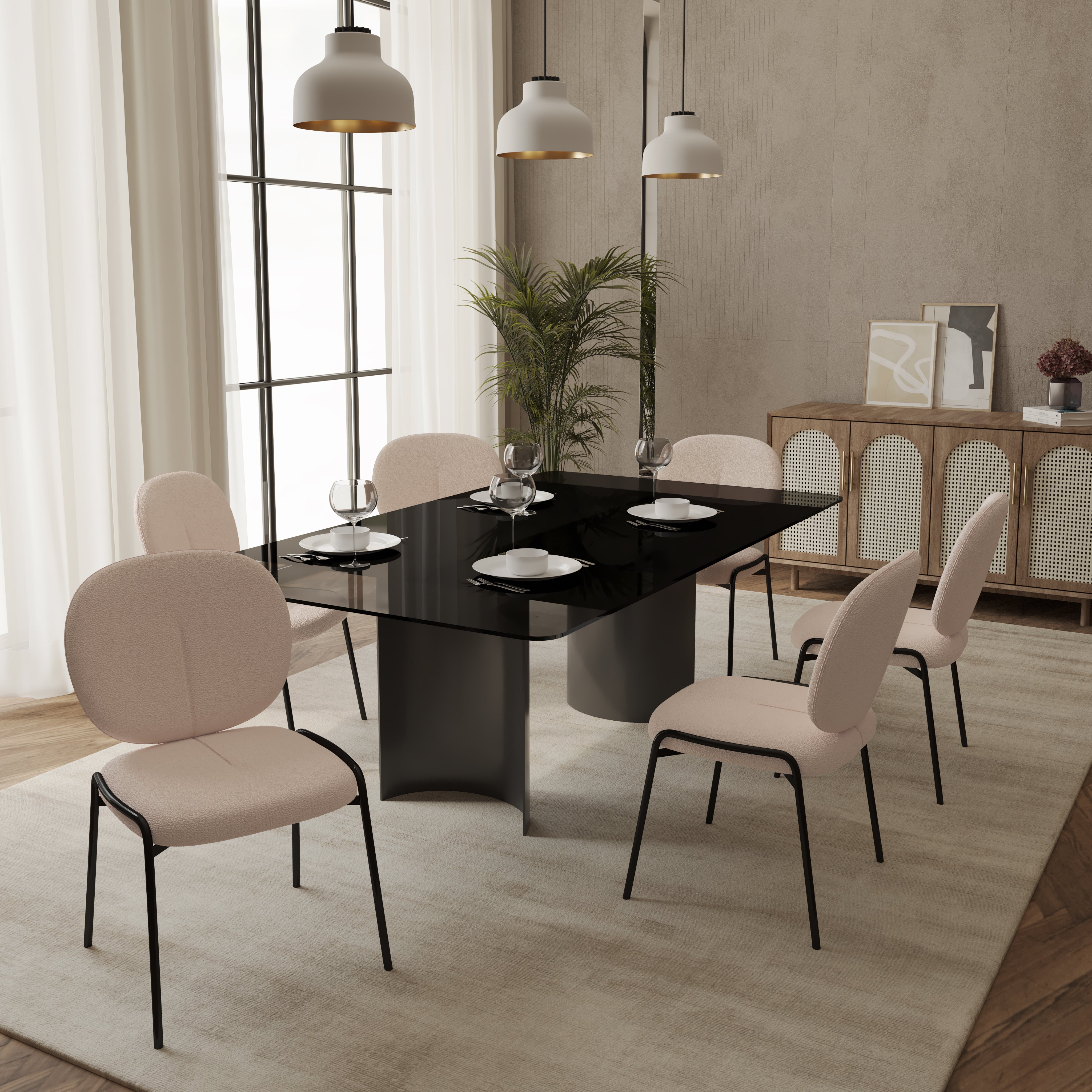 Celestial Modern Boucle Dining Side Chair with Black/White Powder Coated Iron Frame