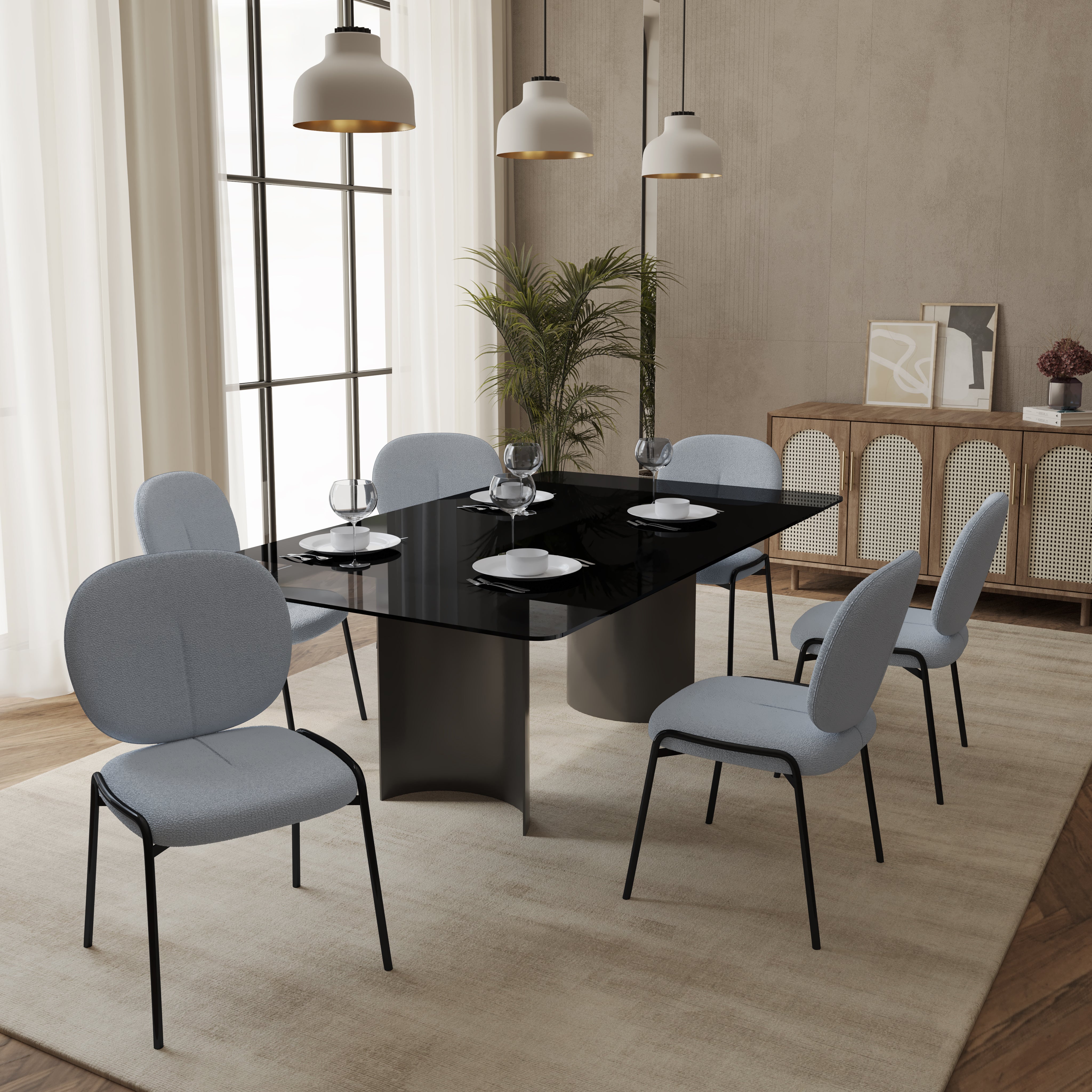 Celestial Modern Boucle Dining Side Chair with Black/White Powder Coated Iron Frame