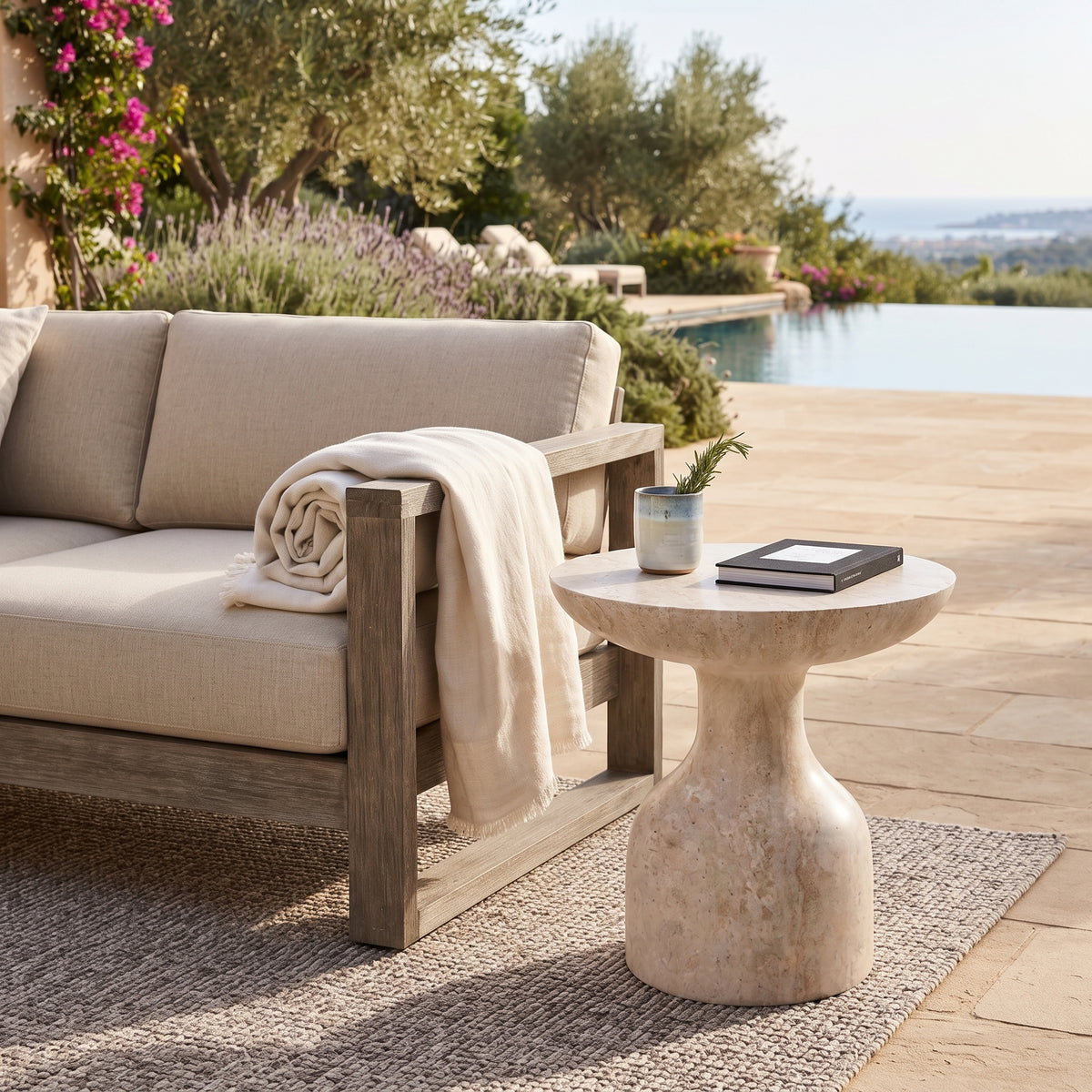 Calyx Sculptural Fiberstone Accent Side/End Table, Travertine - view 2 | LeisureMod