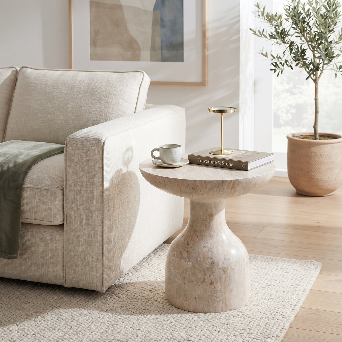 Calyx Sculptural Fiberstone Accent Side/End Table, Travertine - view 6 | LeisureMod
