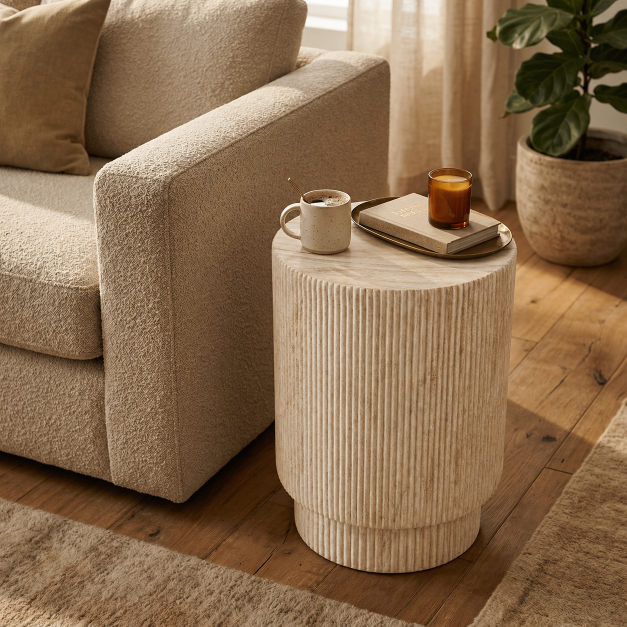 Eden Series Side Table in Fiberstone Round Accent Table for Home, Living Room, Indoor, and Outdoor