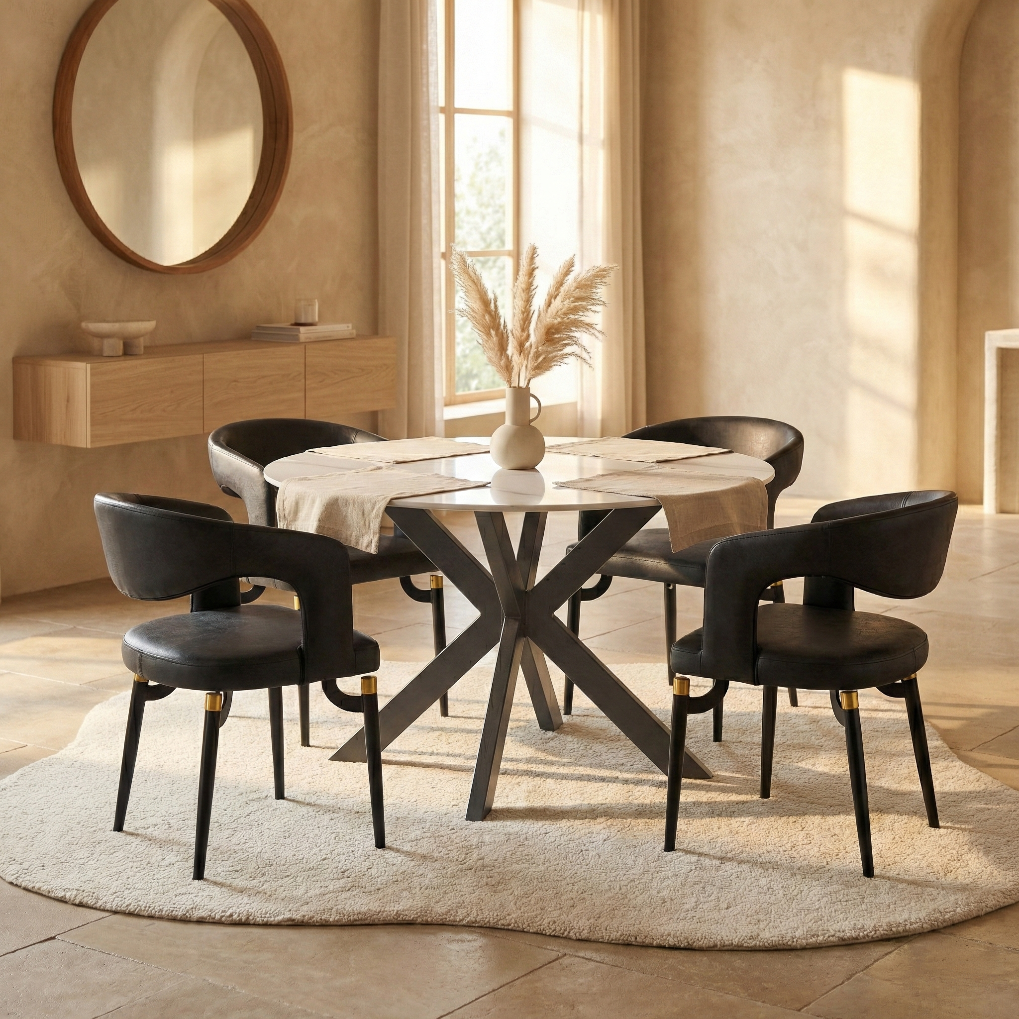 Devin 60" Round Sintered Stone Top Dining Table with X-Shape Metal Legs