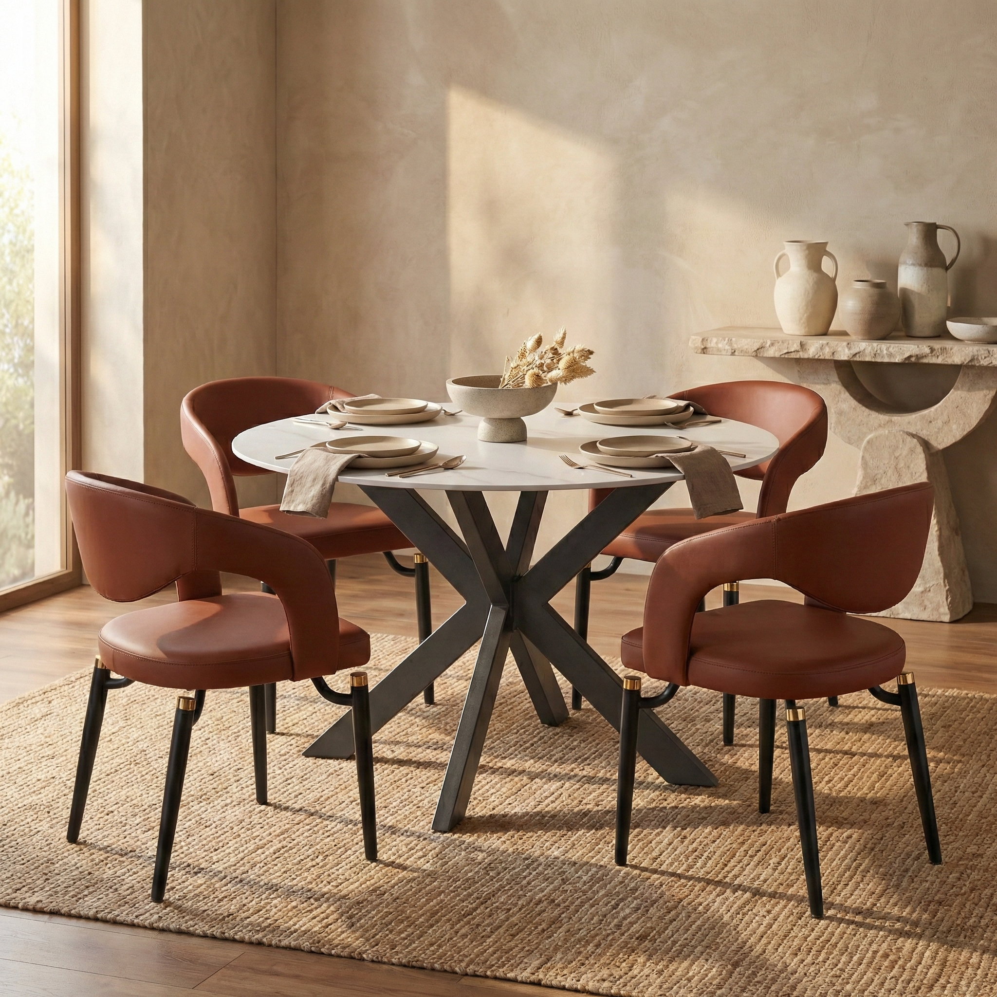 Devin 60" Round Sintered Stone Top Dining Table with X-Shape Metal Legs