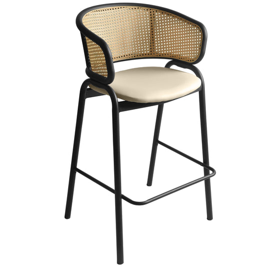 Ervilla Wicker Bar Stool with Leather Seat and Black/White Stainless Steel Frame