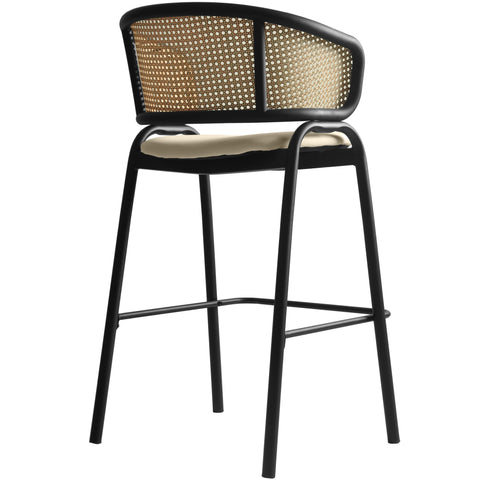 Ervilla Wicker Bar Stool with Leather Seat and Black/White Stainless Steel Frame