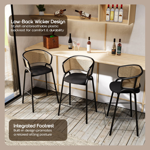 Ervilla Wicker Bar Stool with Leather Seat and Black/White Stainless Steel Frame