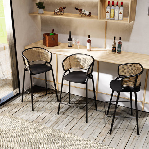 Ervilla Wicker Bar Stool with Leather Seat and Black/White Stainless Steel Frame