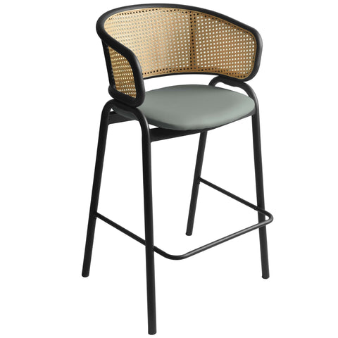 Ervilla Wicker Bar Stool with Leather Seat and Black/White Stainless Steel Frame
