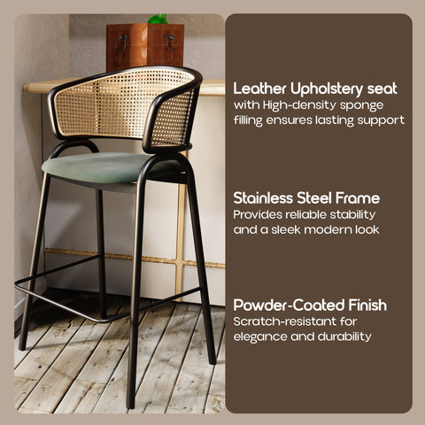 Ervilla Wicker Bar Stool with Leather Seat and Black/White Stainless Steel Frame