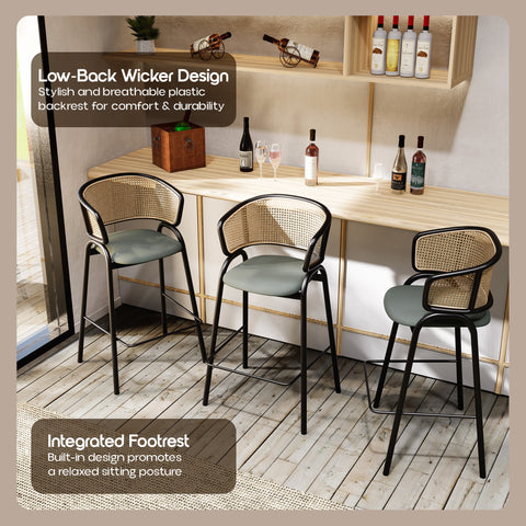 Ervilla Wicker Bar Stool with Leather Seat and Black/White Stainless Steel Frame