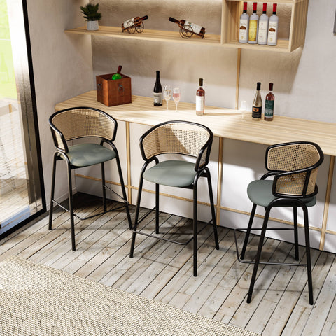 Ervilla Wicker Bar Stool with Leather Seat and Black/White Stainless Steel Frame