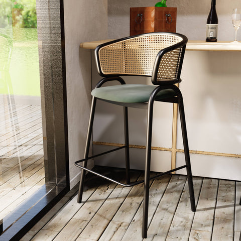 Ervilla Wicker Bar Stool with Leather Seat and Black/White Stainless Steel Frame