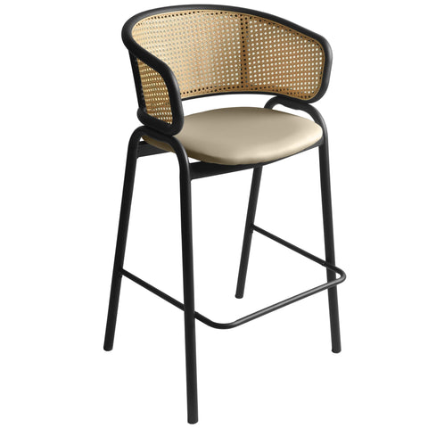 Ervilla Wicker Bar Stool with Leather Seat and Black/White Stainless Steel Frame