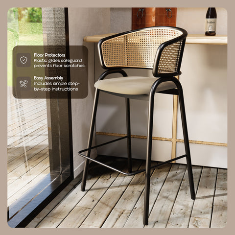 Ervilla Wicker Bar Stool with Leather Seat and Black/White Stainless Steel Frame