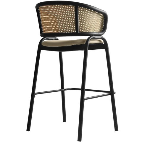 Ervilla Wicker Bar Stool with Leather Seat and Black/White Stainless Steel Frame
