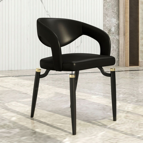 LeisureMod Entice Modern Dining Chairs Upholstered Leather Seat and Curved Back in Black Iron Legs