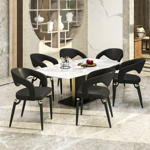 LeisureMod Entice Modern Dining Chairs Upholstered Leather Seat and Curved Back in Black Iron Legs