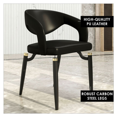 LeisureMod Entice Modern Dining Chairs Upholstered Leather Seat and Curved Back in Black Iron Legs