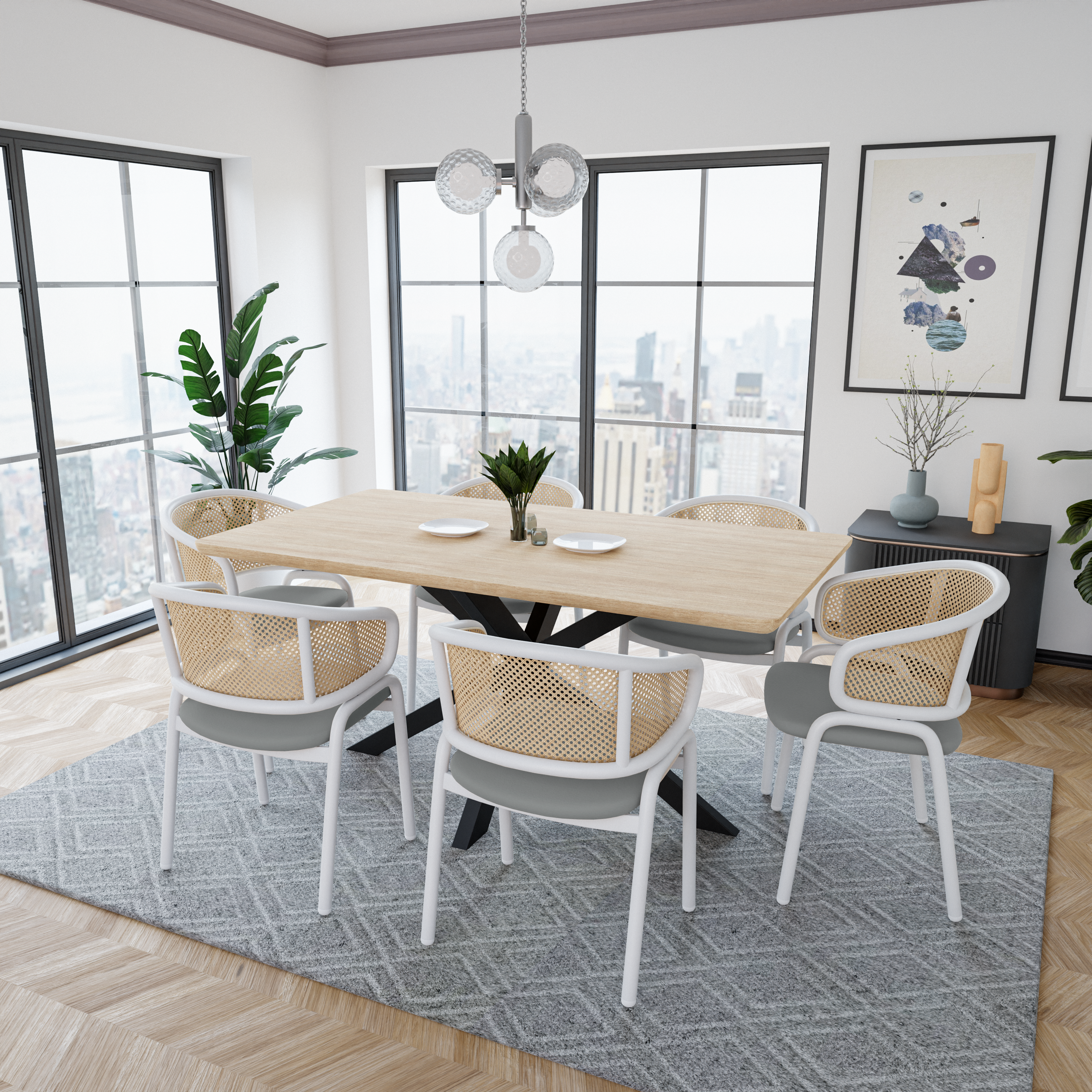 Ervilla Leather Dining Armchair in Black/White Stainless Steel Base With Wicker Back