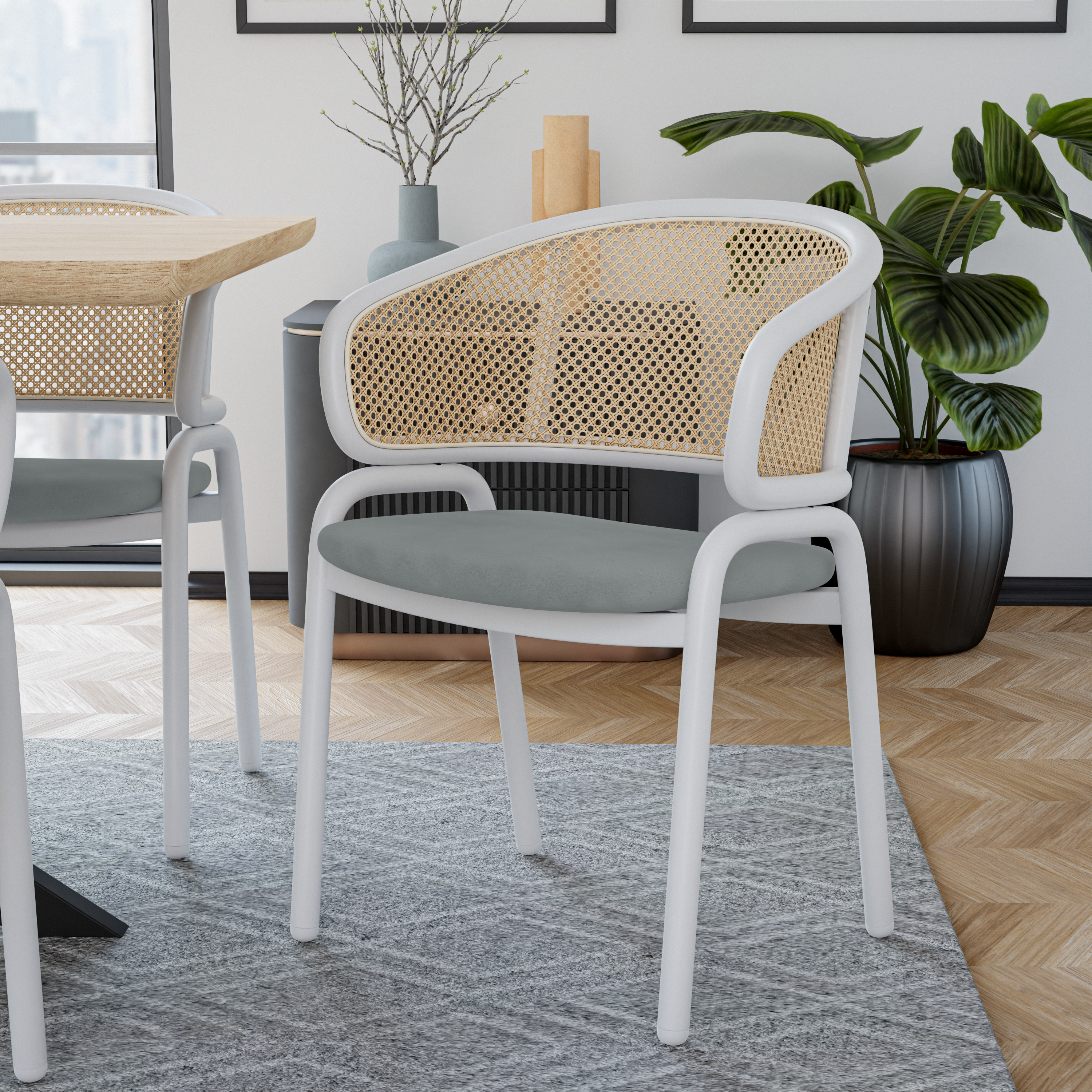 Ervilla Leather Dining Armchair in Black/White Stainless Steel Base With Wicker Back