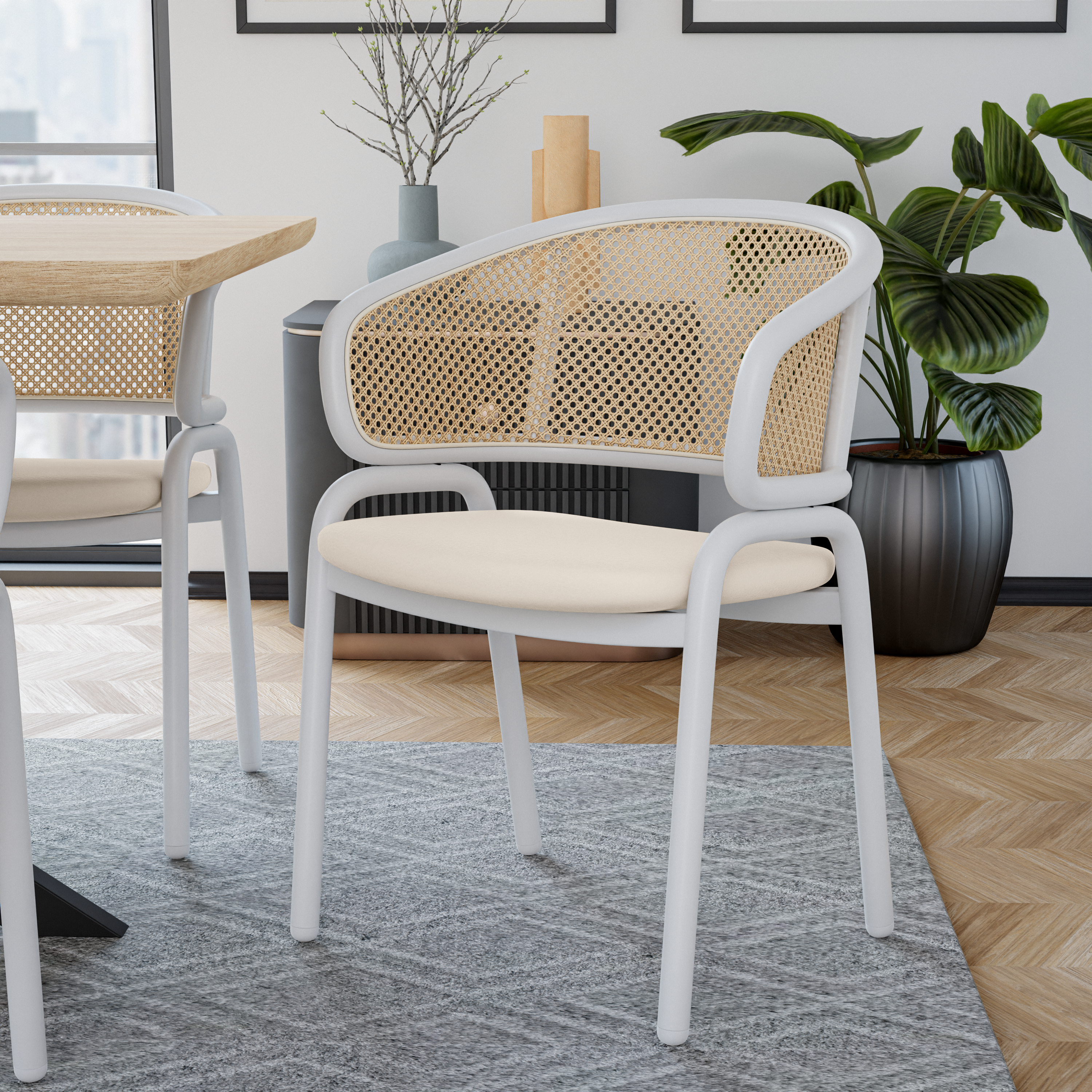 Ervilla Leather Dining Armchair in Black/White Stainless Steel Base With Wicker Back