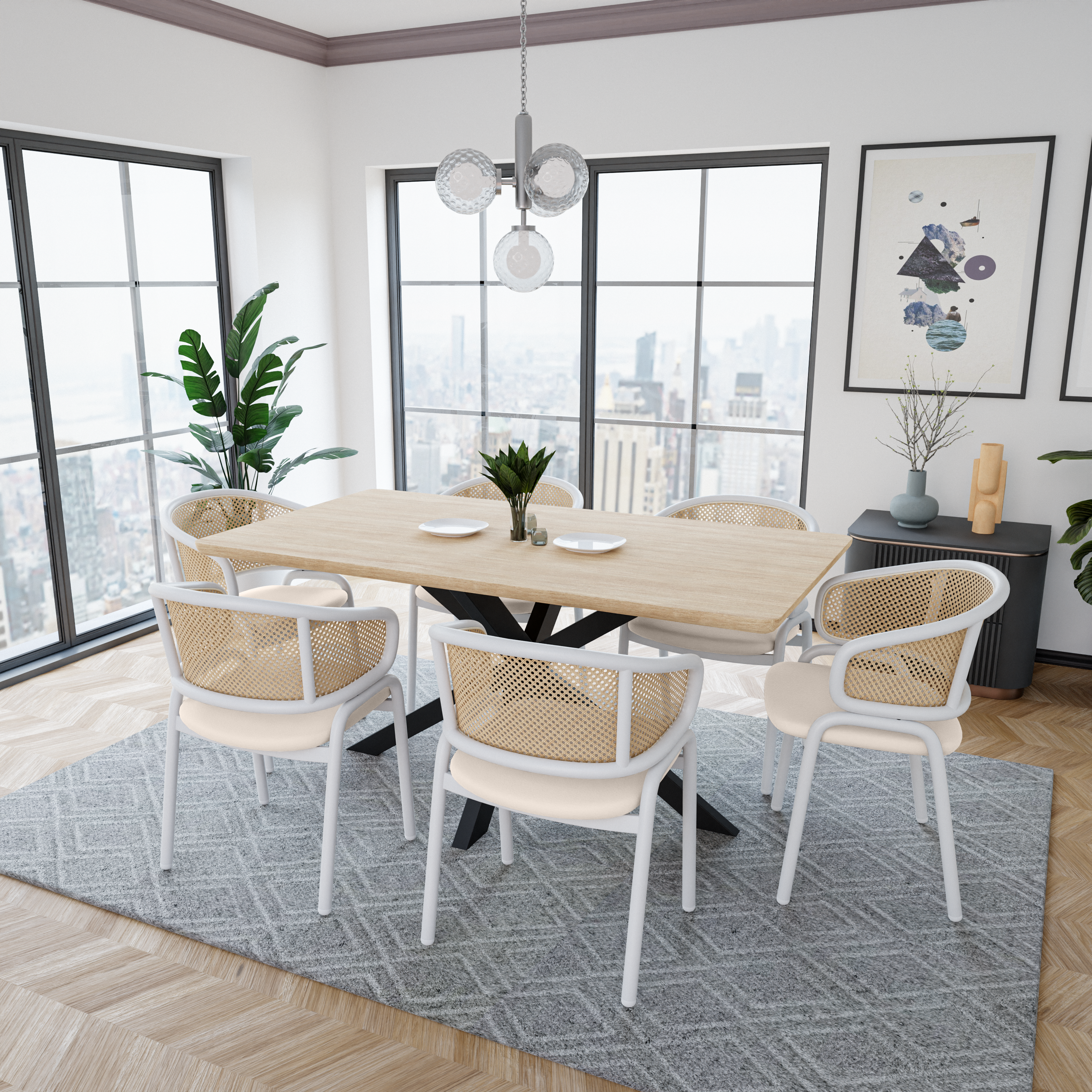 Ervilla Leather Dining Armchair in Black/White Stainless Steel Base With Wicker Back