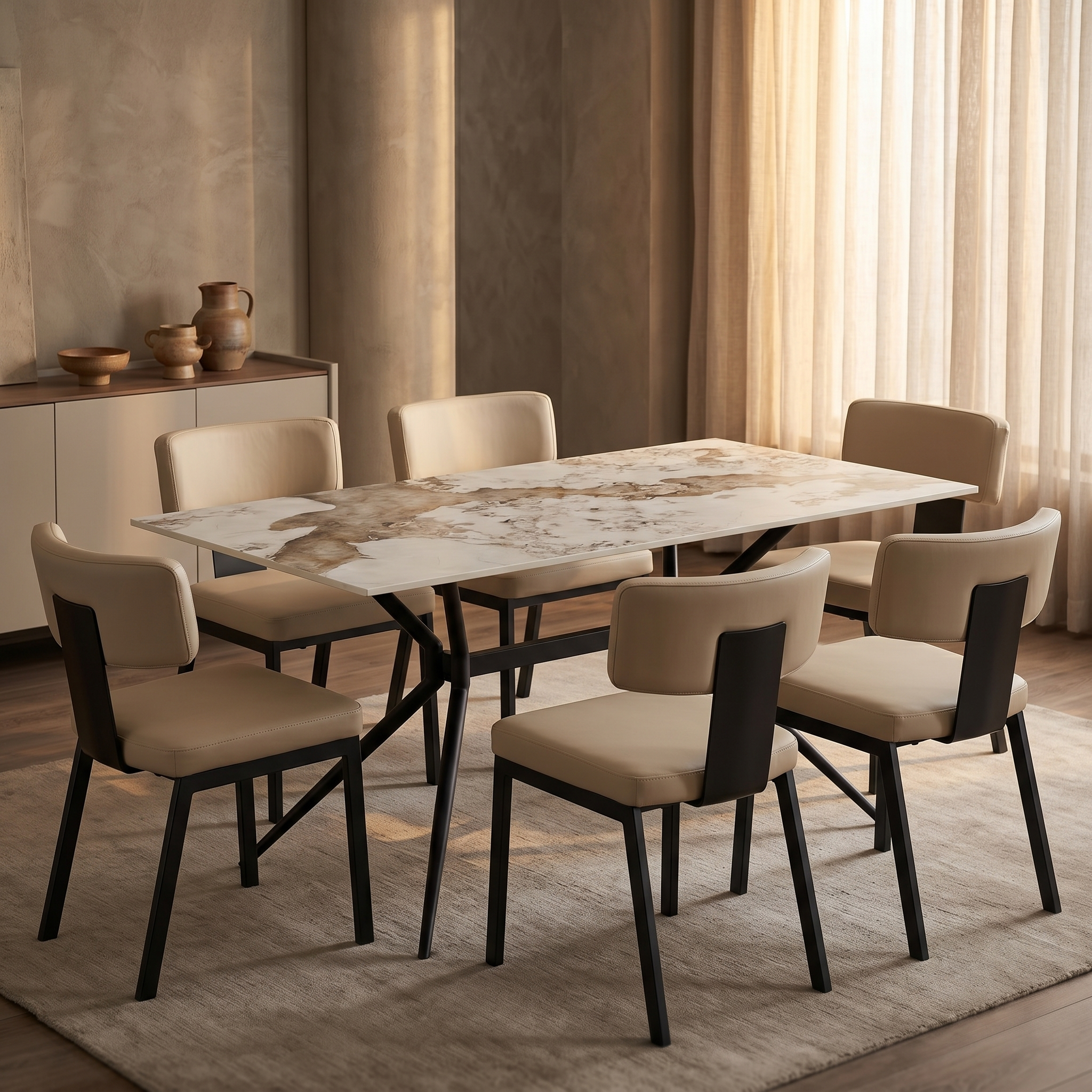 Elega Rectangular Dining Table with Sintered Stone Top and Black Powder Coated Steel Base