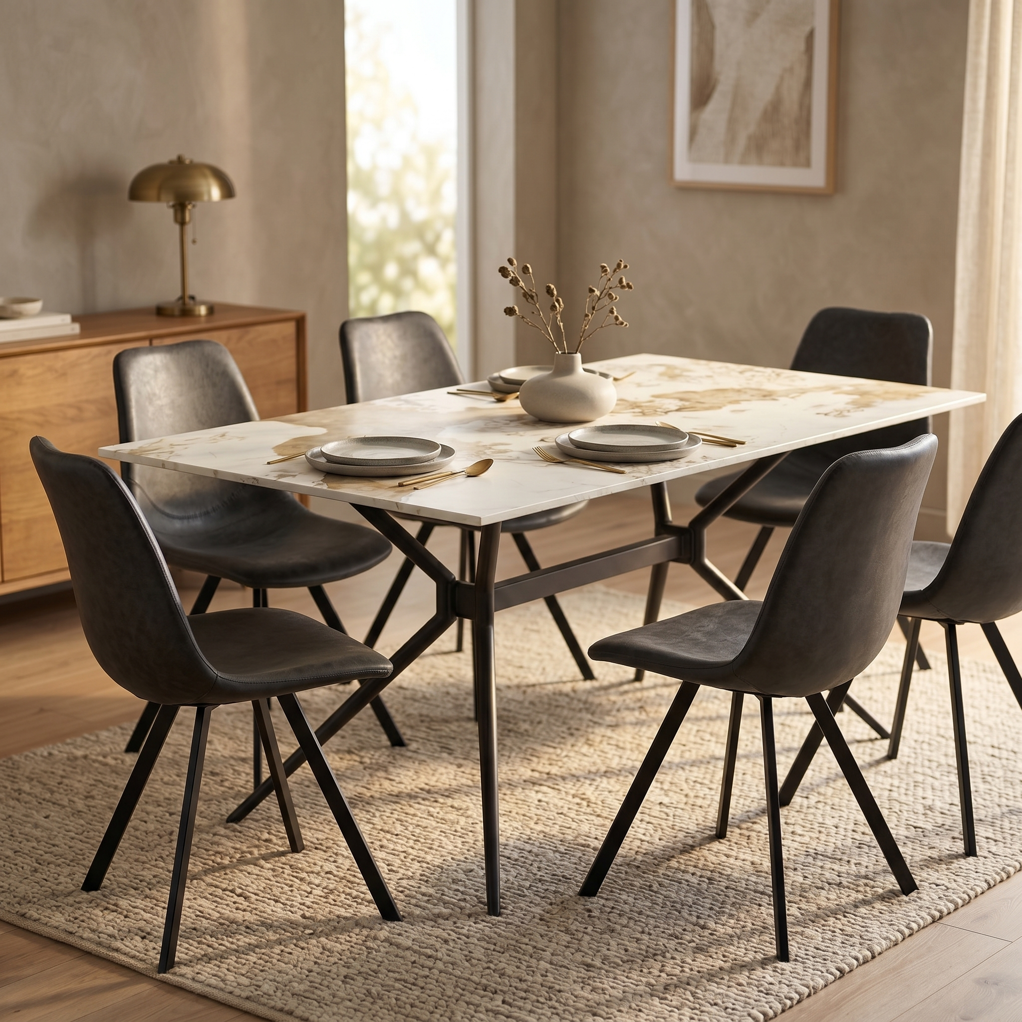 Elega Rectangular Dining Table with Sintered Stone Top and Black Powder Coated Steel Base
