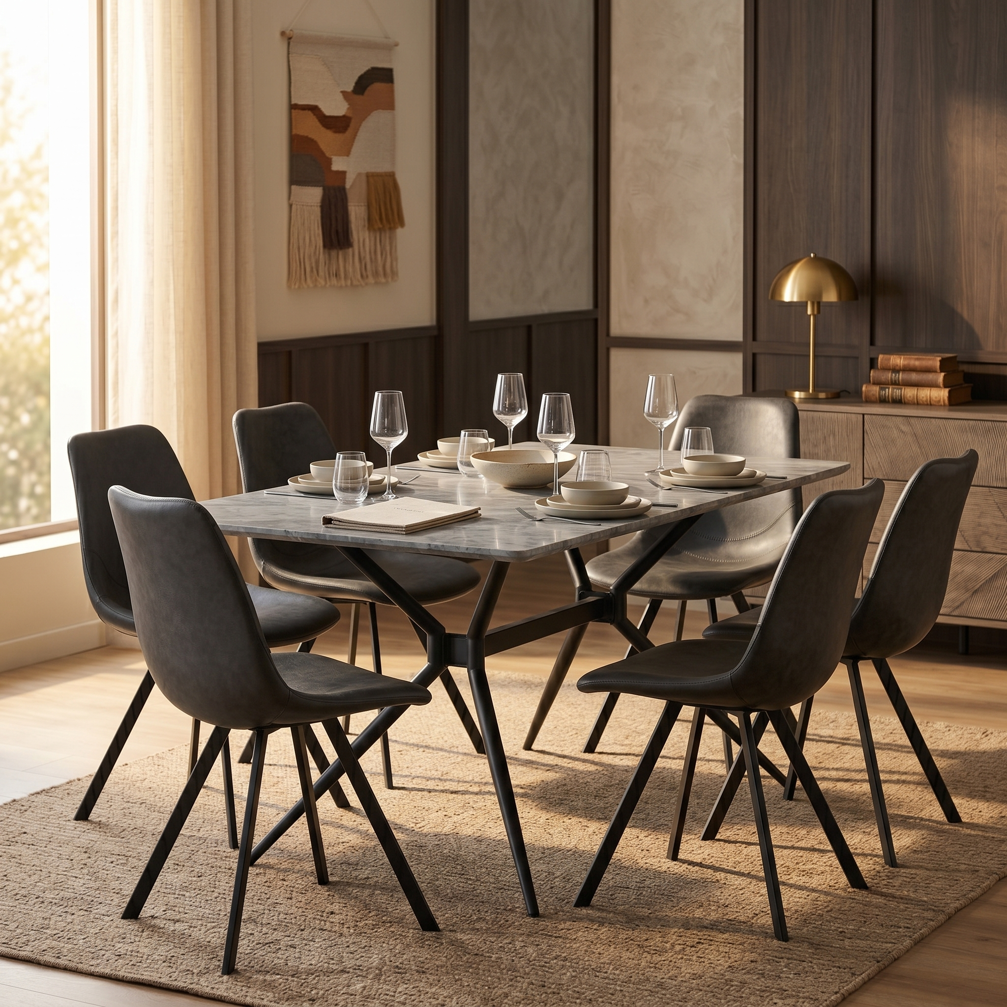 Elega Rectangular Dining Table with Sintered Stone Top and Black Powder Coated Steel Base