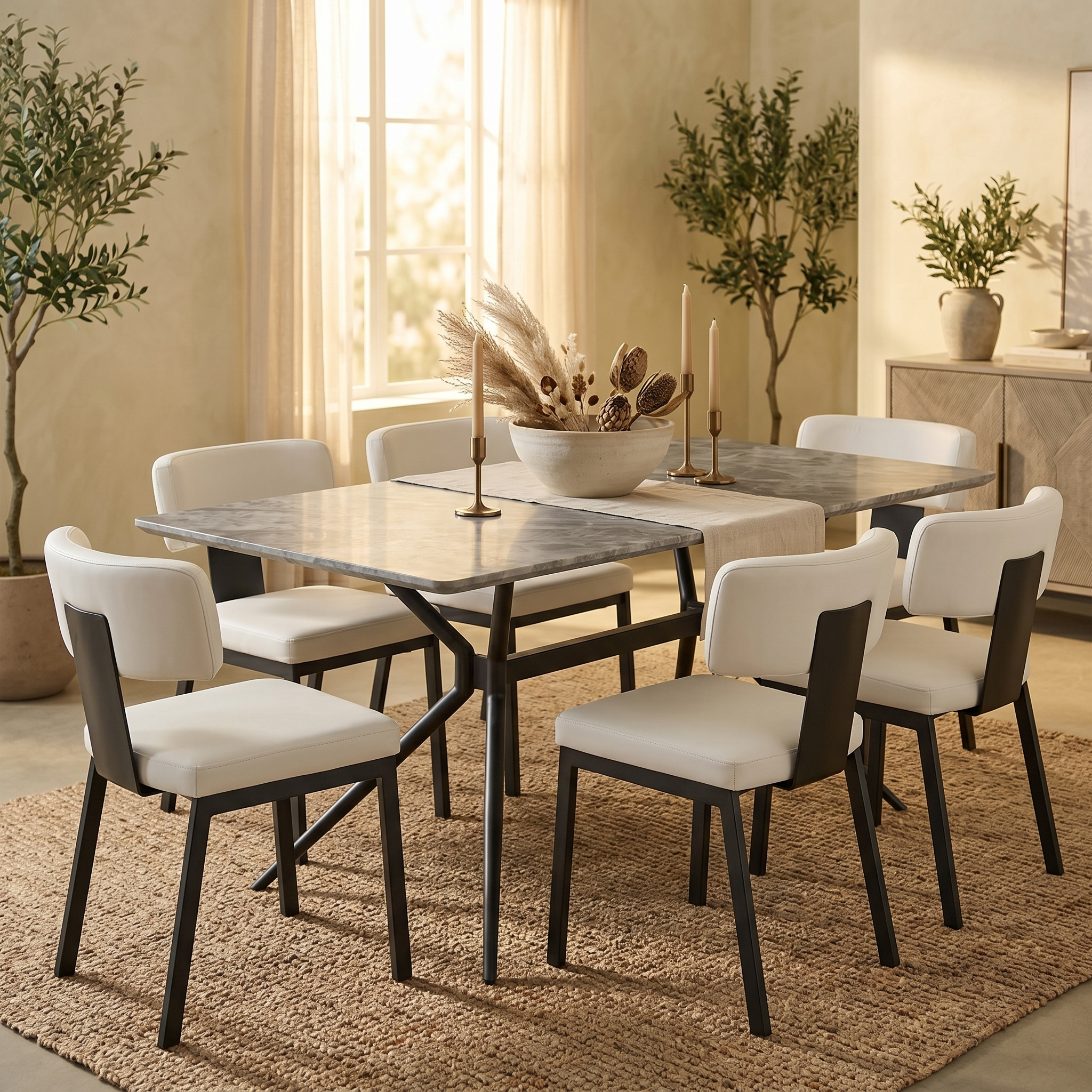 Elega Rectangular Dining Table with Sintered Stone Top and Black Powder Coated Steel Base