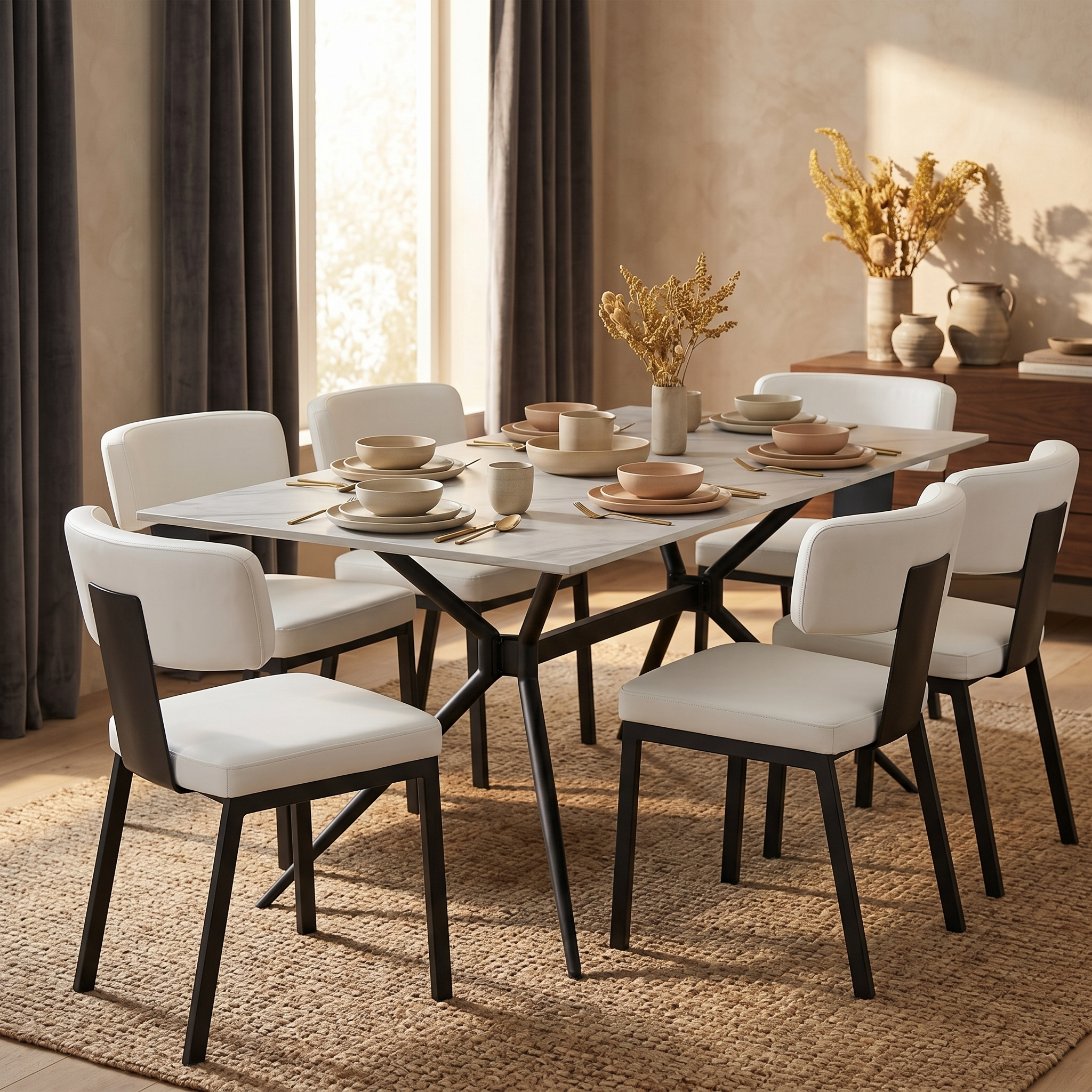 Elega Rectangular Dining Table with Sintered Stone Top and Black Powder Coated Steel Base