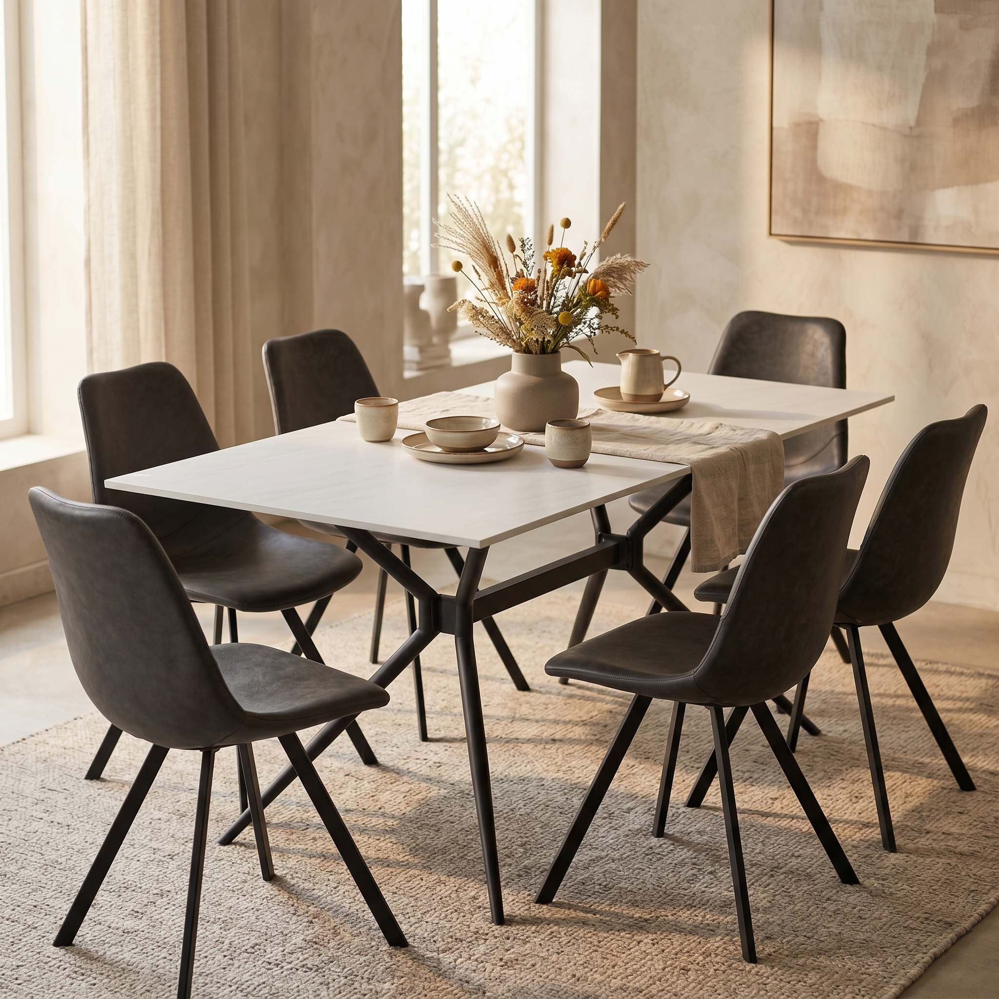 Elega Rectangular Dining Table with Sintered Stone Top and Black Steel Base